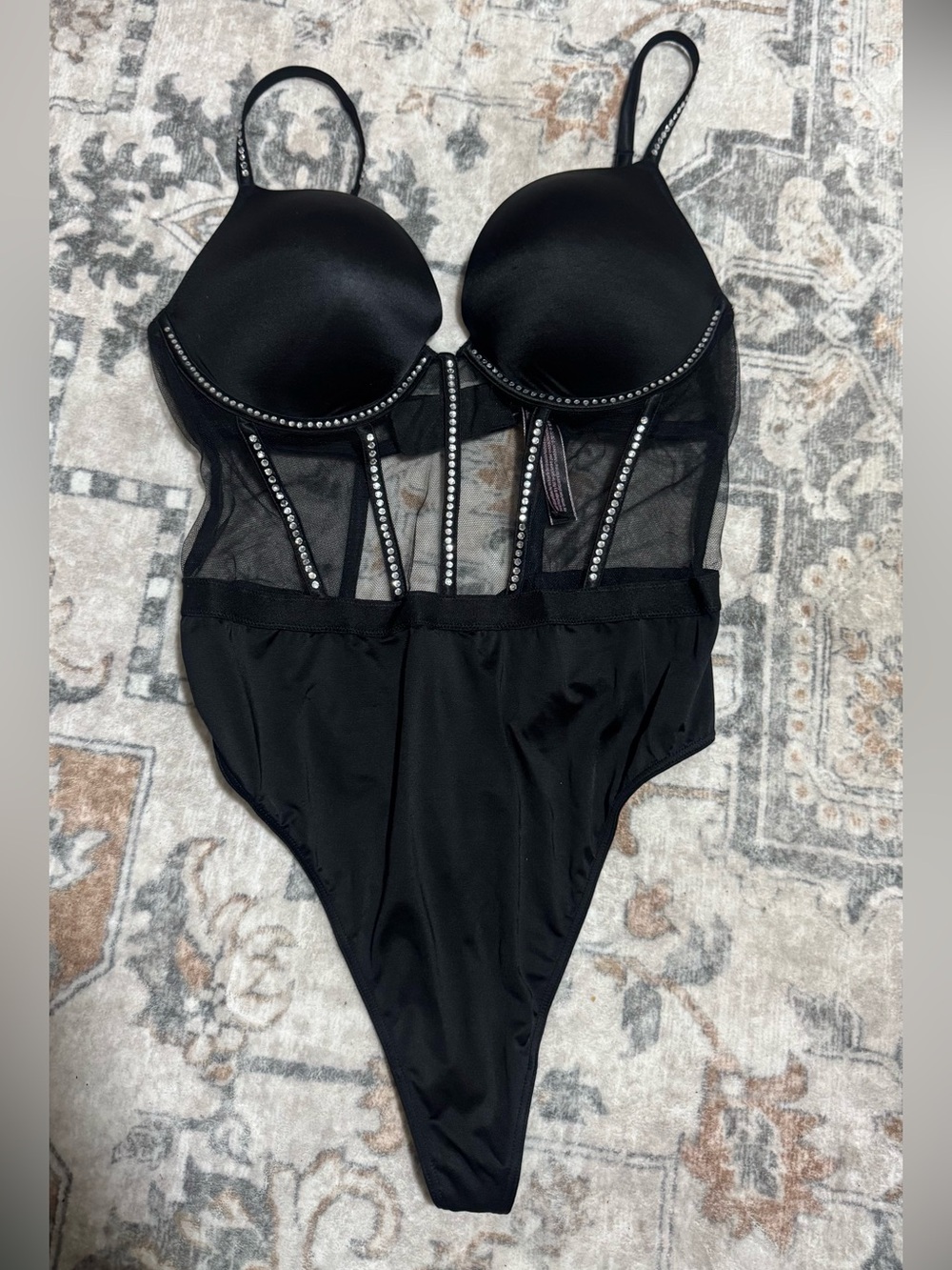 Victoria’s Secret Black Rhinestone Corset Bodysuit Size M Sheer Mesh Bustier